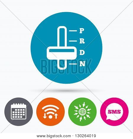 Wifi, Sms and calendar icons. Automatic transmission sign icon. Auto car control symbol. Go to web globe.