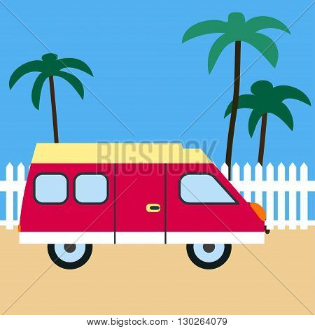 Motor home on the beach. Retro car. Motor home, sand, white fence and palm trees. Flat design