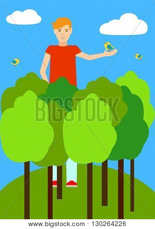 A tall man taller than trees. A tall man among the clouds and birds. The guy holds the bird in his hand