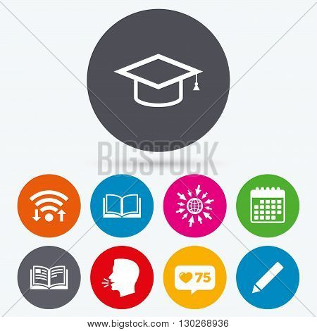 Wifi, like counter and calendar icons. Pencil and open book icons. Graduation cap symbol. Higher education learn signs. Human talk, go to web.