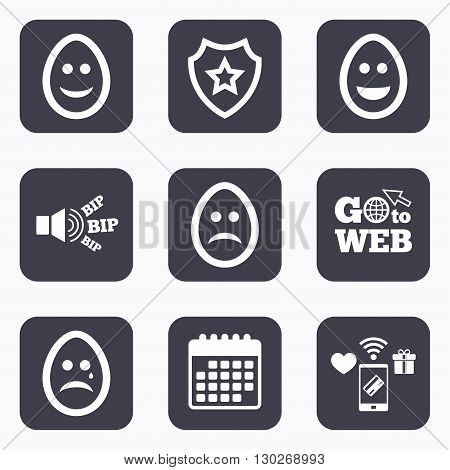 Mobile payments, wifi and calendar icons. Eggs happy and sad faces icons. Crying smiley with tear symbols. Tradition Easter Pasch signs. Go to web symbol.