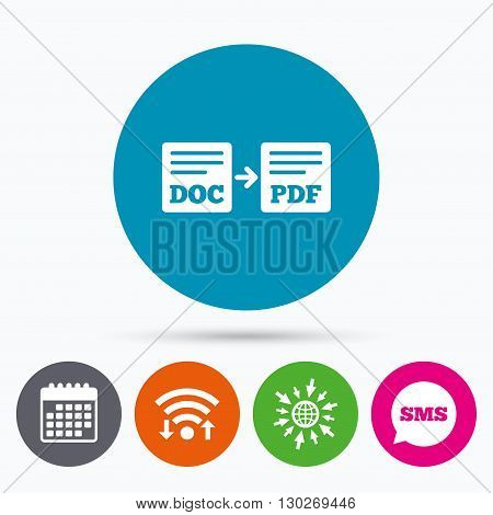 Wifi, Sms and calendar icons. Export DOC to PDF icon. File document symbol. Go to web globe.