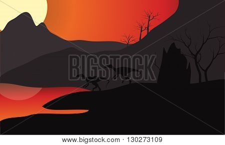 At sunset eoraptor silhouette in lake scenery
