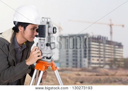 Engineers Use Tacheometer Or Theodolite With Building Construction Site