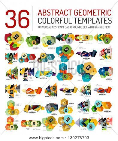 Collection of abstract backgrounds - colorful textured glossy geometric shape compositions with infographics option sample text, repetition of elements. Colorful geometric universal template, bright