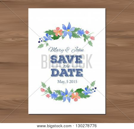 Save the date wedding invitation with watercolor flowers and typographic elements. Card template on a wooden background. Seamless illustrator swatch for back side included. Free fonts used - Nexa Rust, Alex Brush, Crimson