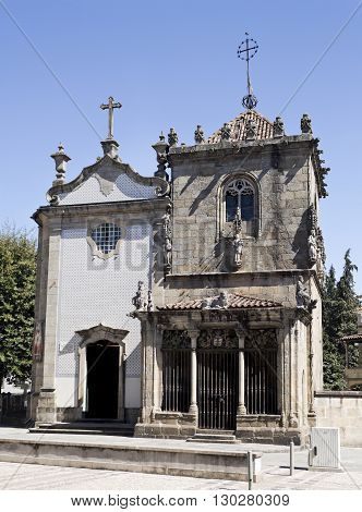 The Church of Sao Joao do Souto on the left and the Chapel of the Coimbras on the right in Braga Portugal