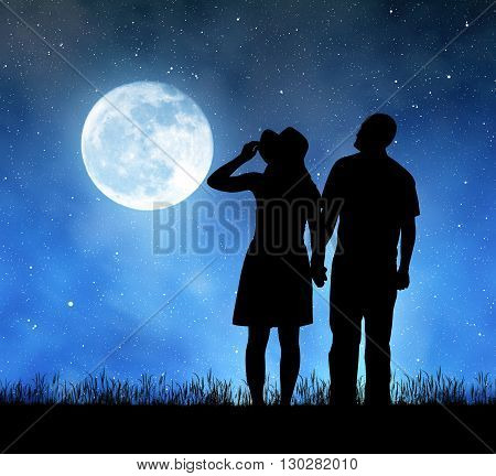 Silhouette of men and women holding hands in night. "Elements of this image furnished by NASA".