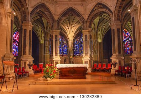 PARIS, FRANCE - MAY 31, 2015 Altar Cross Column Shape of Palm Tree Stained Glass Saint Severin Church Paris France. Saint Severin one of oldest churches Paris located in the Latin Quarter. Built in the 1500s