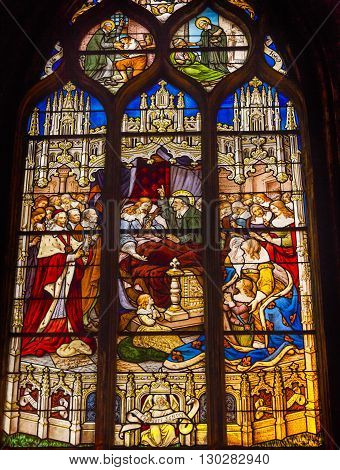 PARIS, FRANCE - MAY 31, 2015 Bishop Saint Stained Glass Saint Severin Church Paris France. Saint Severin one of oldest churches Paris located in the Latin Quarter. Built in the 1500s