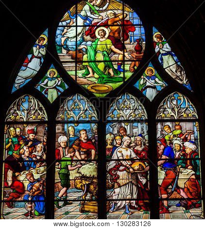 PARIS, FRANCE - MAY 31, 2015 Saint John the Baptist Beheading Stained Glass Saint Severin Church Paris France. Saint Severin one of oldest churches Paris located in the Latin Quarter. Built in the 1500s