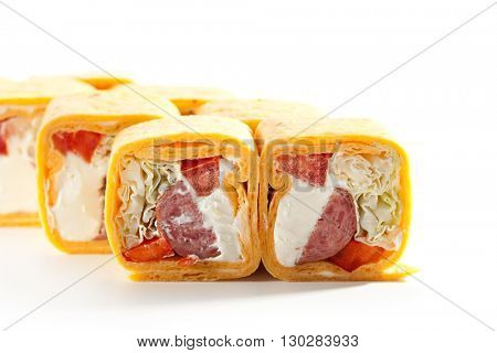 Burrito Maki Sushi - Roll made of Smoked Salmon and Cream Cheese inside. Mexican Pancake outside