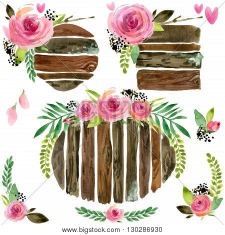 Wood Banners with rose flower. Rose flower watercolor. Wedding decorative element. Birthday invitation decorative element. Wood panel set. Vintage Wood board. Grunge wall watercolor background.