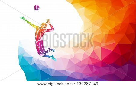Creative silhouette of volleyball player receiving a ball. Beach sport, colorful vector illustration with background or banner template in trendy abstract colorful polygon style and rainbow back