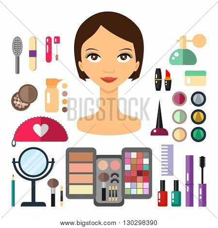 Beauty store with cosmetic objects: mascara, gloss, eyeshadow, lipstick, cream, blush, perfume. Make-up objects. Vector flat illustrations make up cosmetic.