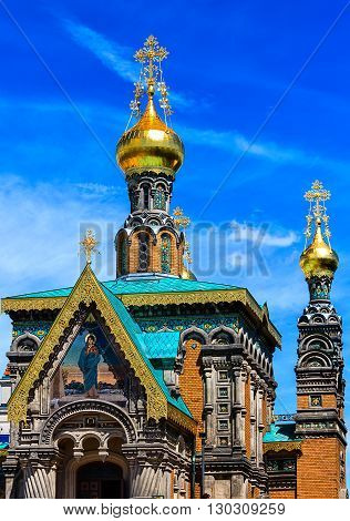Saint Mary Magdalene Russian Orthodox Church (built 1897 - 1899), close to the Five-Finger-Tower in Darmstadt, Hesse, Germany