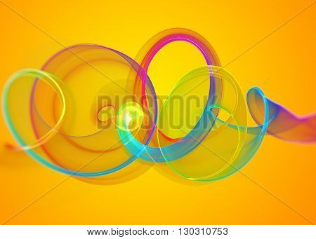 holyday glass transparent rainbow curved spiral and sircles over yellow orange Abstract Background.  horizontal Illustration