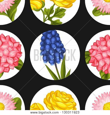 Seamless pattern with garden flowers. Decorative hortense, ranunculus, muscari and marguerite. Easy to use for backdrop, textile, wrapping paper, wallpaper.