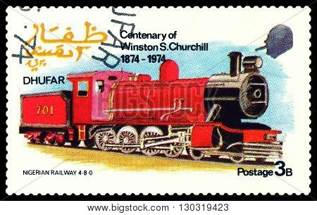 STAVROPOL RUSSIA - MARCH 30 2016: A Stamp printed in the Dhufar shows Old steam locomotive Nigerian Railway 4-8-0 stamp devoted to the Centenary of Winston S. Churchill circa 1974