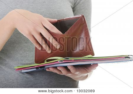 Young caucasian woman with empty wallet - broke concept