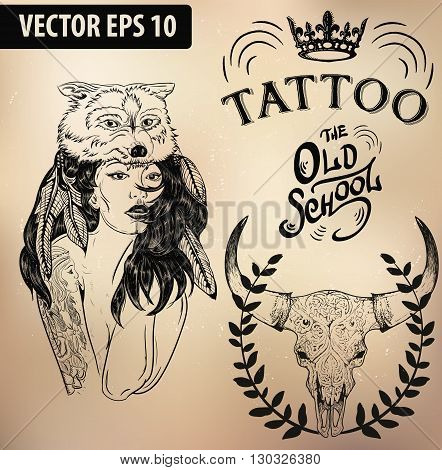 Vector tattoo studio logo templates on dark background. Cool retro styled vector emblems.