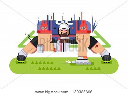 American football player. Protection pose, ball and athlete, game and touchdown, flat vector illustration