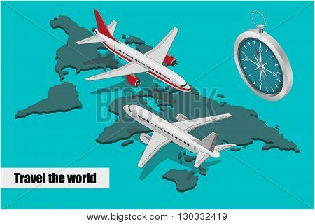 Travel isometric composition. Travel and tourism background. Flat 3d Vector illustration. Travel banner design. Travel  flyer design. World travel banner background. World travel concept.