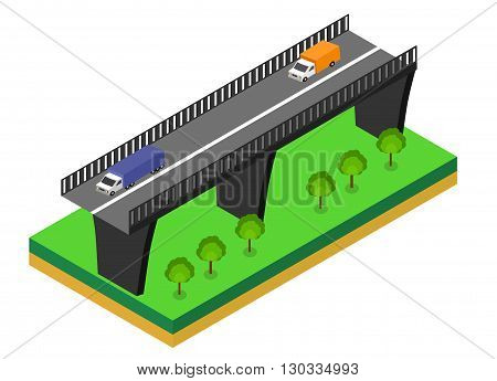 Isometric bridge. Commercial transport. Various types of load and cargo. Logistics. Flat 3d Vector isometric illustration.