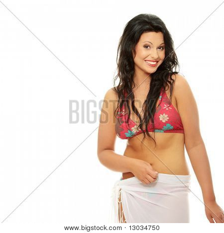 Young sexy corpulent woman in swim suit, isolated on white background