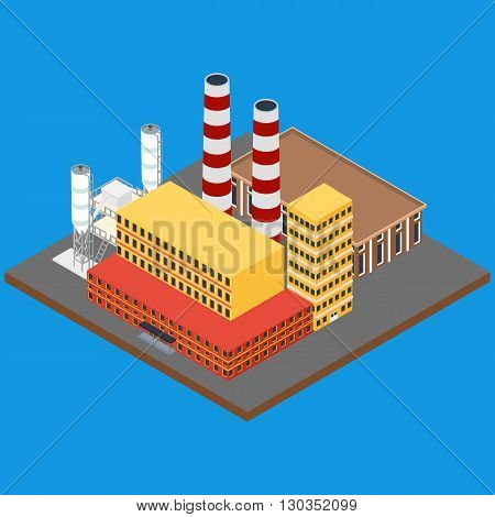 vector illustration. Factory with pipes office building and warehouse. Isometric infographics 3D