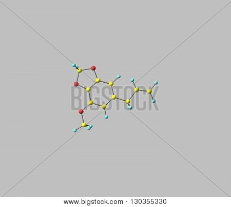 Myristicin is a phenylpropene a natural organic compound present in small amounts in the essential oil of nutmeg and to a lesser extent in other spices such as parsley and dill. 3d illustration
