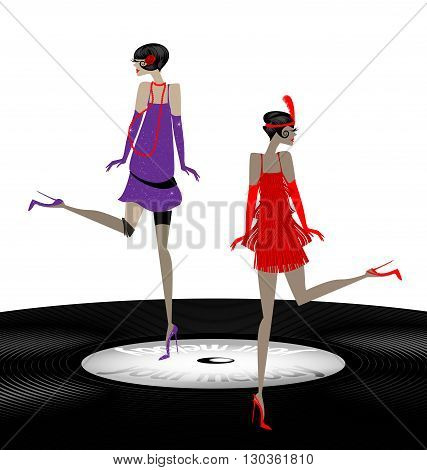 old phonograph record and two abstract girls dancing