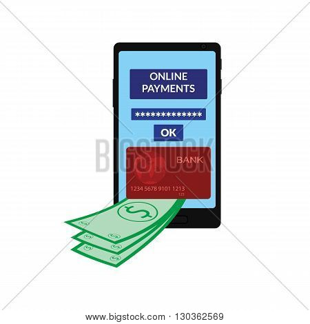 vector illustration. Icon mobile phone screen, the interface of online payments, banking credit card, money, dollars