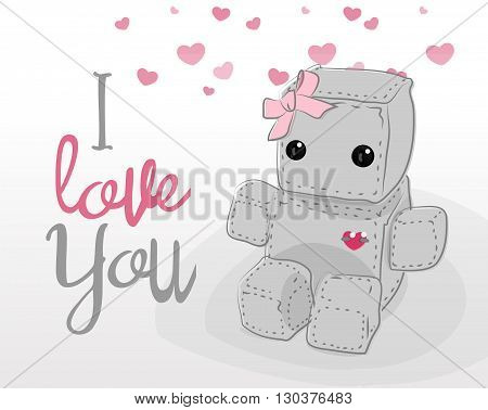 Cute felt robot girl plush toy with heart Valentines Day love and sitting. Robot with ribbon robot illustration on a light background lettering