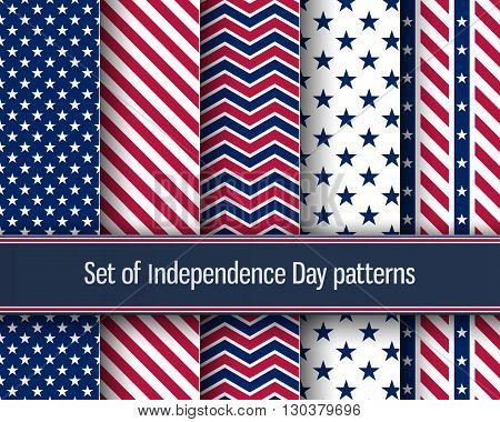 Set of stars and stripes seamless patterns. USA Independence day festive vector repeatable textures based on american flag.