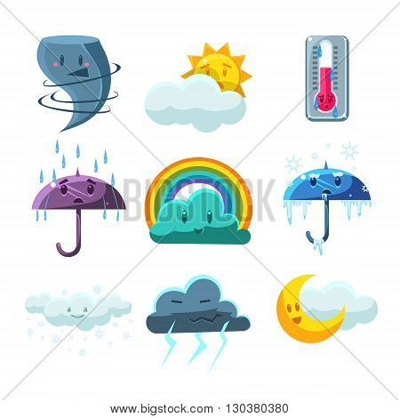 Weather Forecast Pictures Set Of Cute Childish Style Bright Color Design Icons Isolated On White Background