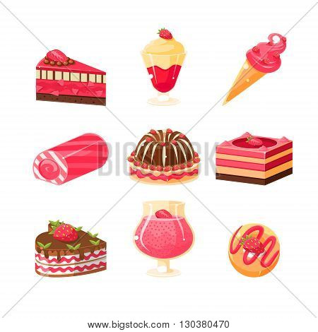 Strawberry Dessert Set Of Cute Childish Style Bright Color Design Icons Isolated On White Background