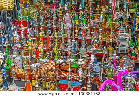ACRE ISRAEL - FEBRUARY 20 2016: The wide range of hookahs in the Turkish Bazaar on February 20 in Acre.