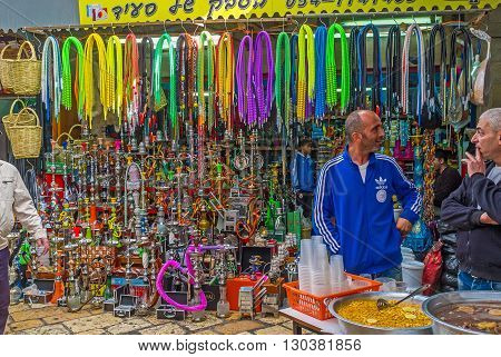 ACRE ISRAEL - FEBRUARY 20 2016: The market stall in the Turkish Bazaar offers shishas and colorful pipes for the local smokers and tourists on February 20 in Acre.