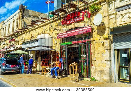 TEL AVIV ISRAEL - February 25 2016: Jaffa is best place to try the Israeli cuisine in one of local cafes or restaurant on February 25 in Tel Aviv.