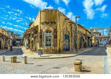 TEL AVIV ISRAEL - February 25 2016: The tourist district of old Jaffa with cozy cafes and souvenir shops on February 25 in Tel Aviv.
