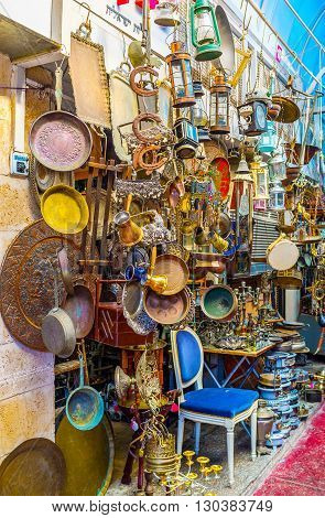 TEL AVIV ISRAEL - FEBBRUARY 25 2016: The flea market of Jaffa is one of the main city landmarks with a lot of souvenirs for each taste on February 25 in Tel Aviv.