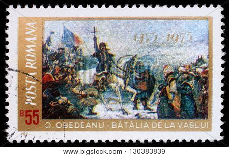 ZAGREB, CROATIA - JULY 19: a stamp printed in Romania shows 500th Anniversary Defeat of the Turcs by Stephan the Great  Battle of Vaslui by O. Obedeanu, circa 1975, on July 19, 2012, Zagreb, Croatia