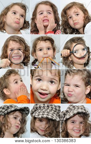 Collage of twelve photos of a young girl with different facial expressions