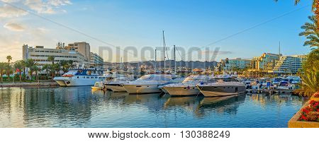 EILAT ISRAEL - FEBRUARY 23 2016: The Lagoona is the best place to enjoy luxury yachts rent a boat for trips or fishing on February 23 in Eilat.
