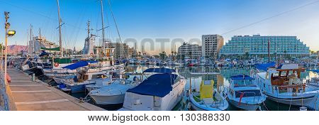The evening marina is especially beautiful all the ships and yachts are bobbing on the waves Eilat Israel.