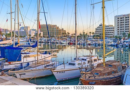 EILAT ISRAEL - FEBRUARY 23 2016: The evening port is one of the most scenic locations in city on February 23 in Eilat.