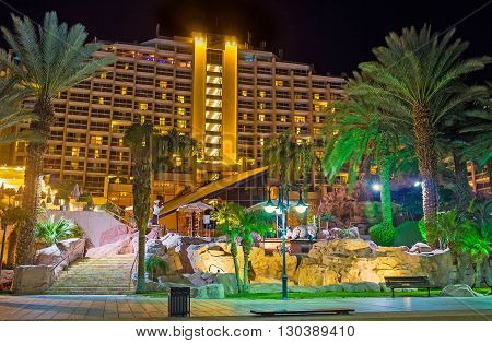 EILAT ISRAEL - FEBRUARY 24 2016: The night view of the large hotel complex in bright lights on February 24 in Eilat.