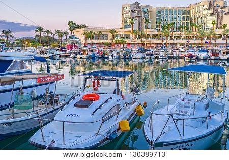 EILAT ISRAEL - FEBRUARY 23 2016: There are a lot of different motor boats in port on February 23 in Eilat.