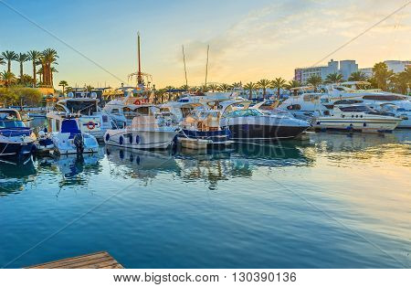 EILAT ISRAEL - FEBRUARY 23 2016: The Lagoona is the most picturesque place to spend the evening and watch the sunset over the yachts on February 23 in Eilat.